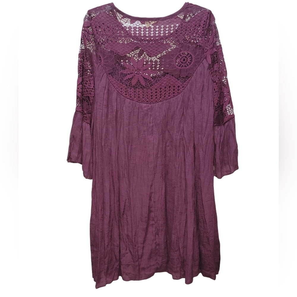 1X Lace Crochet Crinkle Boho 3/4 Bell Sleeve Midi Dress - Picture 3 of 5
